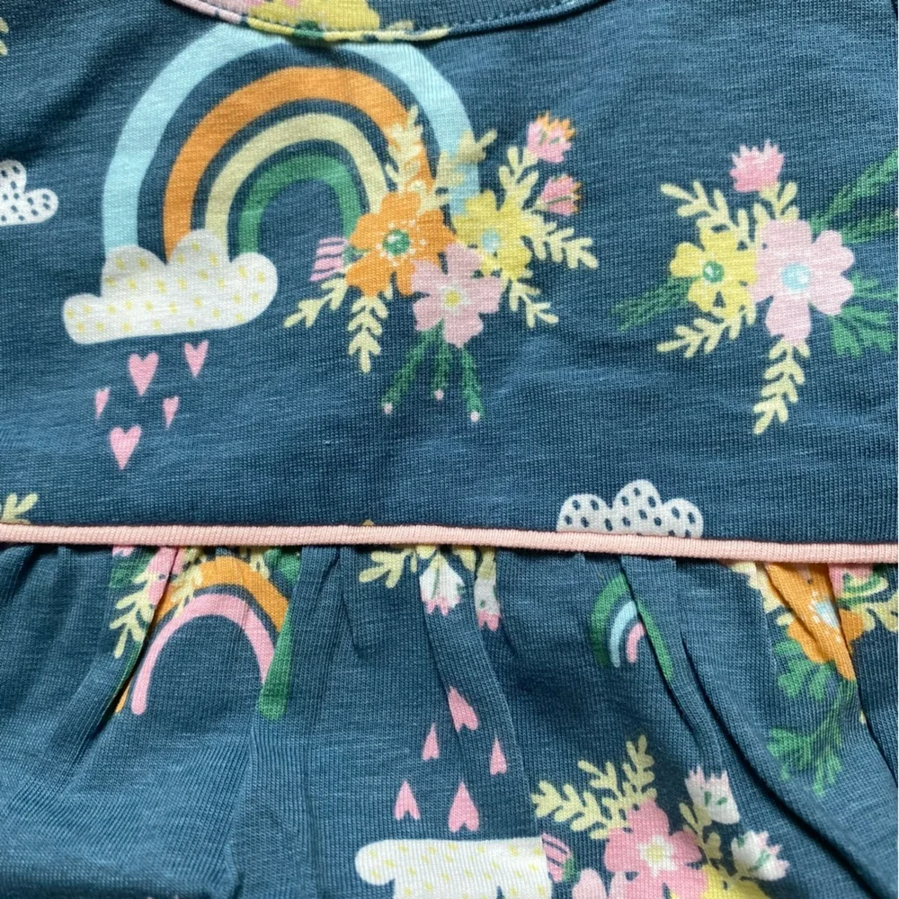 NWT RuffleButts Dark Blue & Pink Floral Rainbows Ruffles Bubble Romper, 0-3M